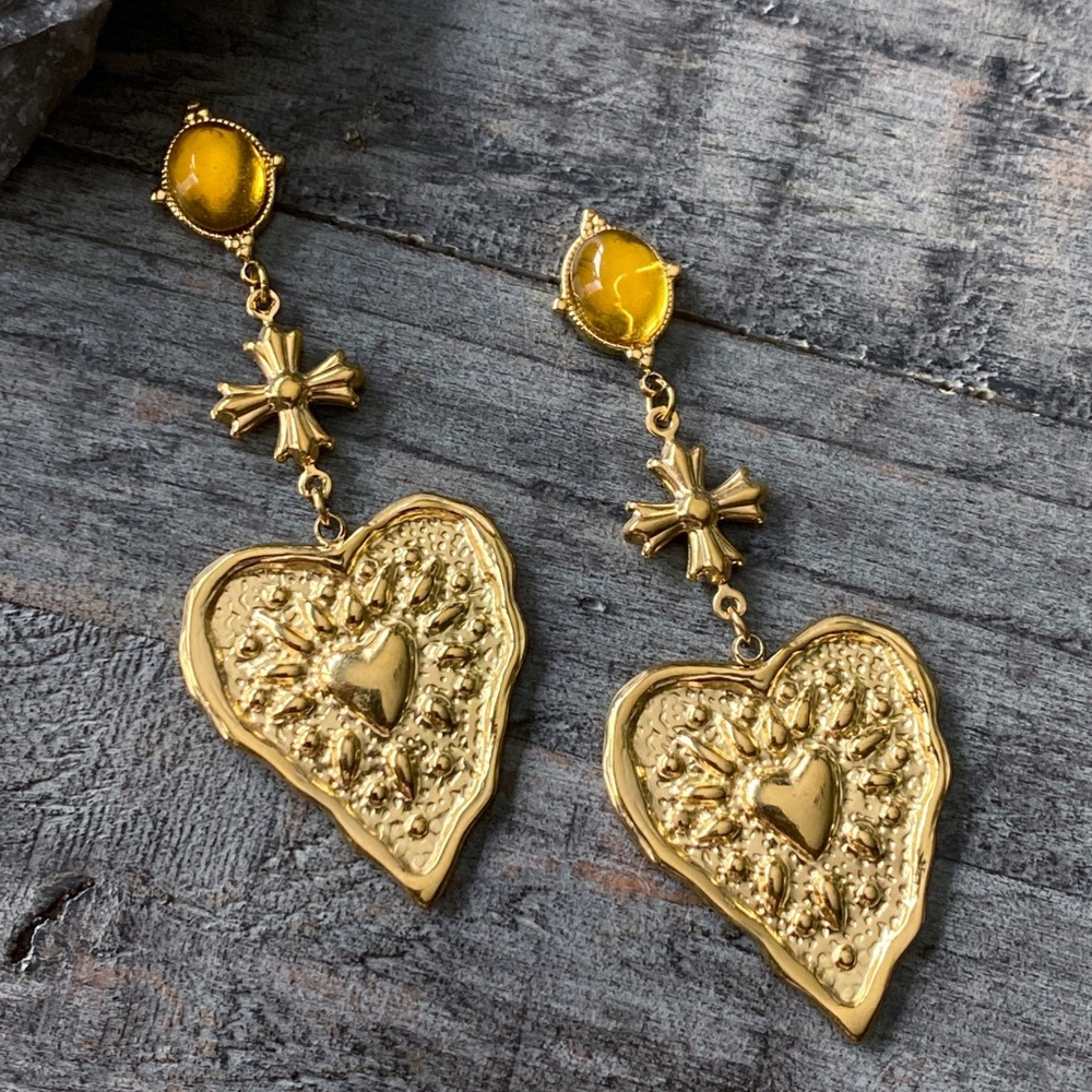 NEW Gold Gothic Heart Dangle Earrings